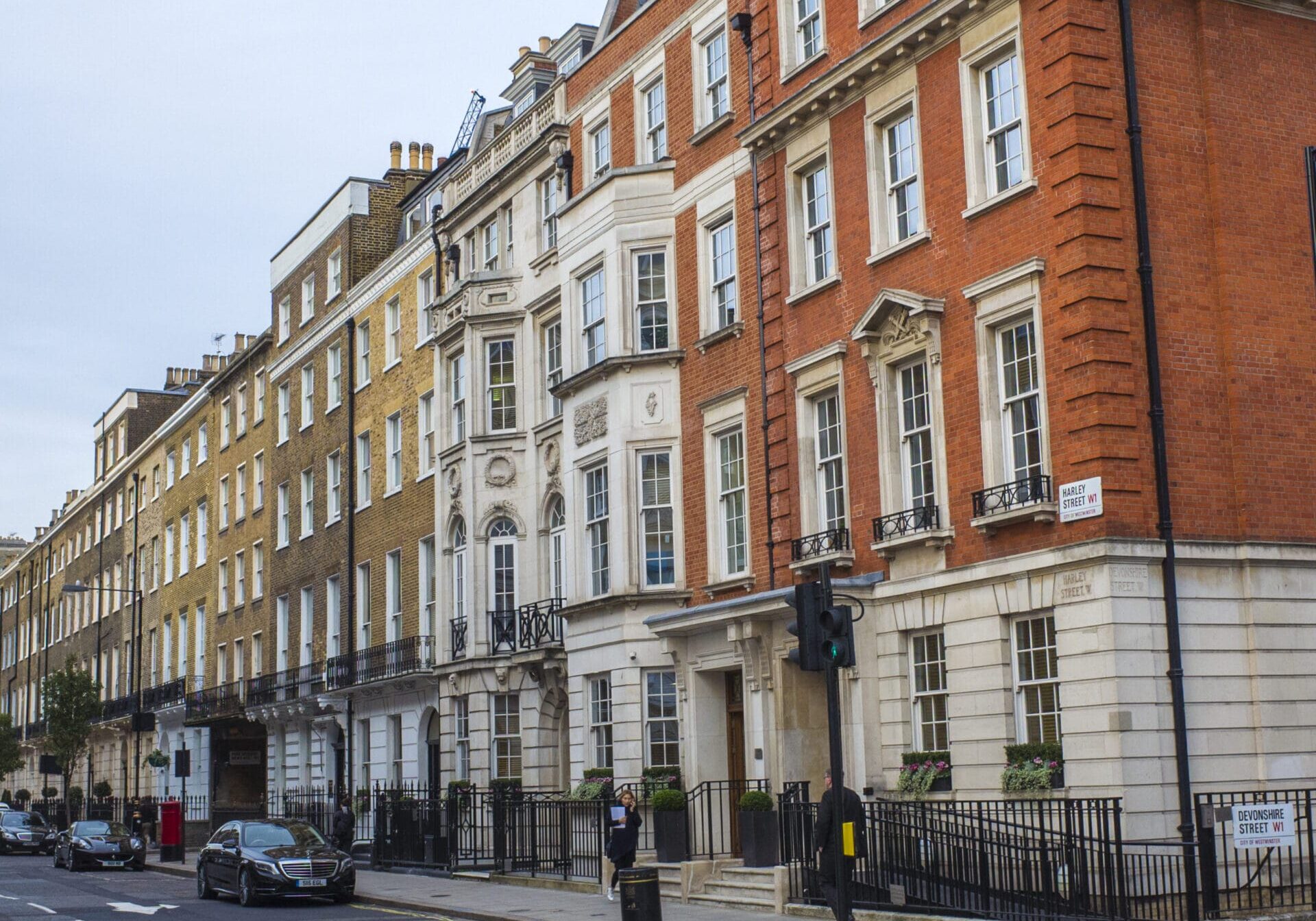 London, Marylebone- October, 2017: Harley Street buildings and street view, a famous London street notable for its many private and specialist health care companies